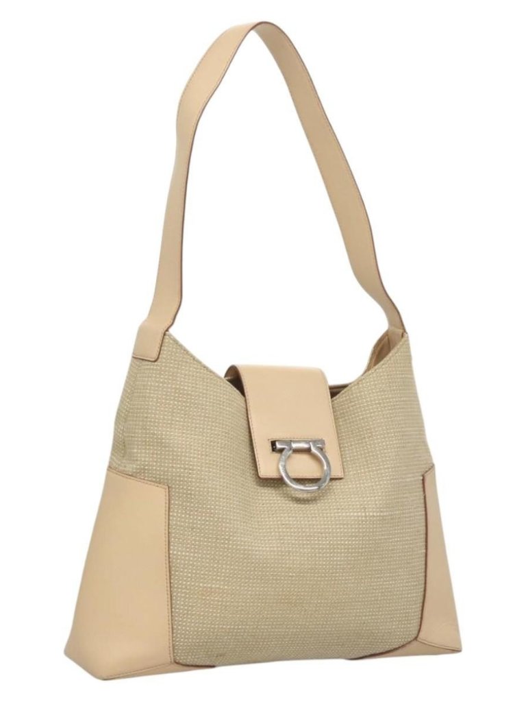 Salvatore Ferragamo Gancini Shoulder Bag Canvas Leather Beige Auth 120194